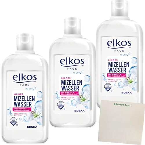 Elkos mildes Mizellen Wasser ohne Alkohol & Parfum 3er Pack (3x400ml) + usy Block