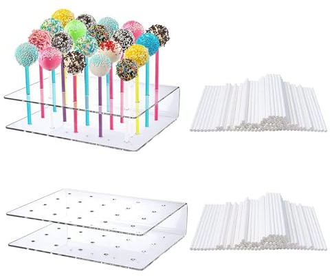 SMYJDMM Cake Pop Ständer, 2 Stück 20 Löcher Lollipop Holder, Cakepopständer mit 200 Stück Cake Pop Stiele für Hochzeit Geburtstag Dessert Tisch Party Deko