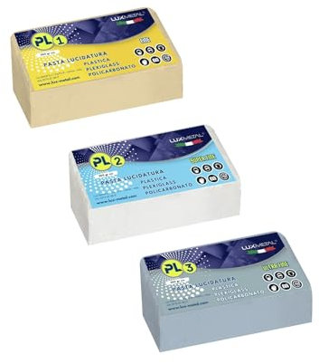 Lux Metal – Kit 3 Schleifpolierpaste für Kunststoff 300 g PL1-PL2-PL3 (Fein-S.Fein-Ultrafein) Polieren von transparentem Plexiglas, Polycarbonat, Kunststoff, Polieren, Entfernen von Kratzern, Erneuern