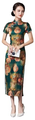 ZNLFS Women's Cheongsam Traditional Chinese Dress Side Slit Slim Fit Midi Dress Mandarin Collar Short Sleeve Qipao
