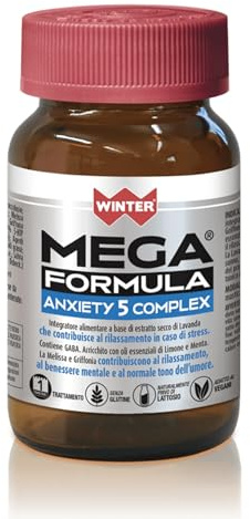 Mega Formula Anxiety 5 Complex Winter | Integratore Stanchezza Fisica e Mentale con Lavanda, Melissa, Griffonia 5Htp e Oli Essenziali di Limone e Menta – Calmanti naturali con Gaba 60 Compresse