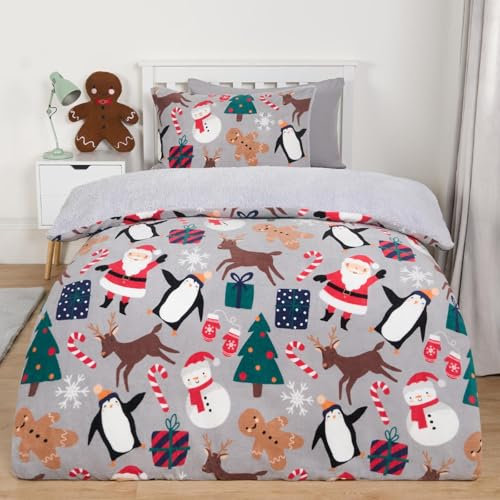 OHS Single Fleece Duver Cover Christmas Friends, Winter Christmas Bedding Soft Warm Boys Girls Single Duvet Cover Set Comfy Cosy Sherpa Reversible Quilt Fleece Bedding with Pillowcase, Grey