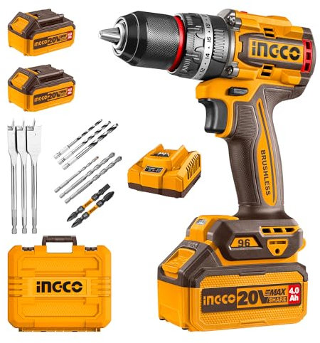 INGCO Cordless Impact Drill 96NM 20V Brushless Combi Drill, 13mm Chuck, 22+1+1 Torque, 2 Speed, LED Work Light with 2Pcs 4.0Ah Battery And 1Pcs Charger Perfect for Home, Garden DIY Project CIDLI20968E