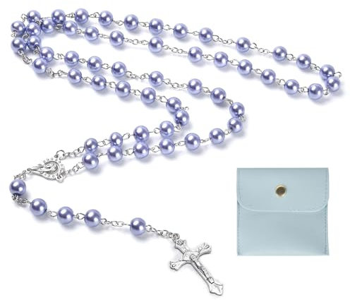 Calkkrer Katholischer Rosenkranz Kommunion Rosenkranz mit Retro Kreuz Samt Geschenkbeutel Elegantes Kreuz Taufe Kommunion Hochzeit Kommunion Party (Hellviolett)