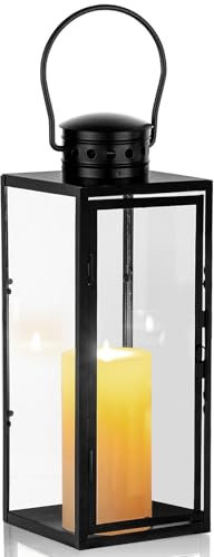 Lanterna Portacandele alta 24 cm, Lanterne a Candela Decorative in Metallo, Lanterna da giardino per Decorare la Casa, Soggiorno, Feste, Eventi, Tavolo, Interni ed Esterni - Nero