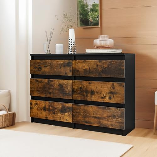 YITAHOME Kommode, 6 Schubladen Schlafzimmerschrank, modernes Möbel 100x30x70cm, stabil & sicher, aus Holz, mit Laufschienen, Schwarz Rustikal Braun