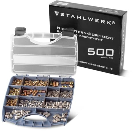 STAHLWERK Nietmuttern-Set für Nietmutternzangen 500-teilig | Hochwertige Gewindenieten aus Aluminium und Stahl im praktischen Koffer |Wechsel-Gewindedorn M3 | M4 | M5 | M6 | M8 | M10