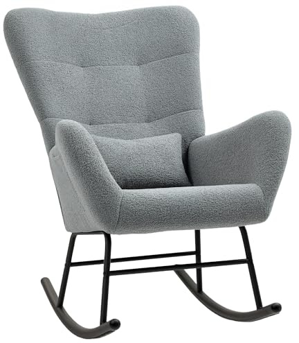 HOMCOM Schaukelstuhl mit Teddystoff-Optik, Armlehne, Metallkufen, Grau | Schaukelsessel, Stillsessel, Lendenkissen, Relaxsessel mit Seitentasche, für Wohnzimmer, Schlafzimmer