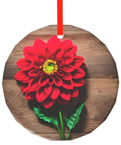 Holzbrett Retro Blume Rot Dahlie Druck Runder Glasanhänger Exquisite 7,9 cm hängende Weihnachtsbaumdekoration Weihnachtsschmuck