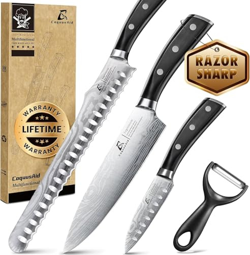 CoquusAid Chef Knife Set, Professional Damascus Pattern Kitchen Knives Set 4 Pcs Without Block, Sharp German Stainless Steel, for Bread, Meat Cutting, Fruits, Vegetable, BBQ, Home Cooking, Singles