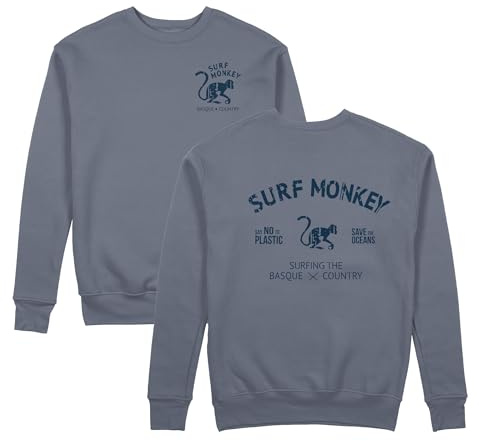 Surf Monkey Sudadera orgánica con Cuello Redondo Save The Oceans (FR/ES, Letras, L, Regular, Regular, Azul Roto)
