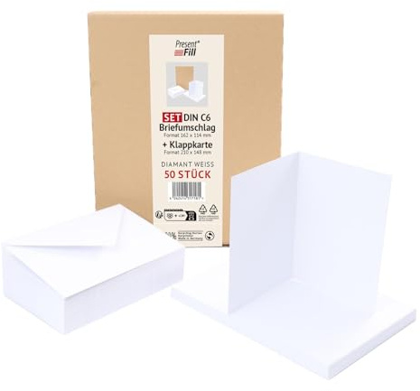PresentFill 50er Set blanko Falt-Karten inkl. Briefumschläge ohne Fenster Diamant Weiß I Klappkarten DIN A6 I Umschläge C6 I Made in Germany I 100% Recycling Kraftpapier I Blauer Engel zertifiziert