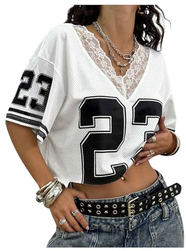 SOLY HUX Women's Y2k Jersey Shirt Lace Mesh Number Graphic Tees V Neck Half Sleeve Summer Crop Tops Streetwear White Letter Medium