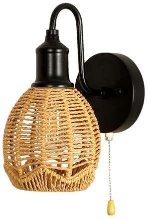 DLGLOLIN - Aplique de pared de ratán con interruptor, vintage bohemio lámpara de pared E27 metal interior industria, luminarias apliques para dormitorio salón pasillo