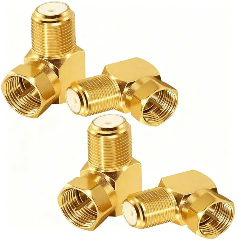 Powice 4 Stück Sat Winkelstecker 90 Grad, F Stecker Winkel, Antennenstecker, Sat Kabel Winkelstecker, Sat Kabel Verbinder, Adapter zum Abwinkeln Eines F-Anschlusses Vergoldet, Gold