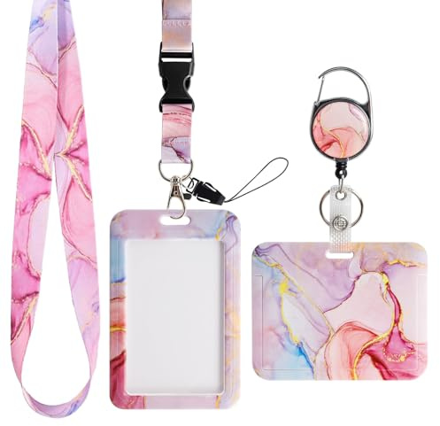 AusweishüLle Mit Band, Marmoriert Kartenhülle mit Schlüsselband Einziehbaren Badge Reel Karabiner Clip & Abnehmbare Lanyard Strap, für Krankenschwester, Lehrer Und Student