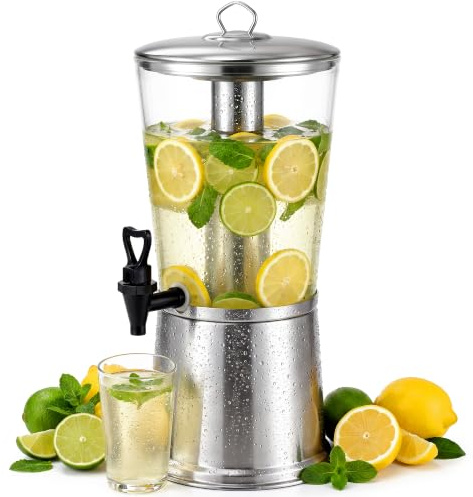 WantJoin Drink Dispenser with Stand, 8L Beverage Dispenser for Party, Stainless Steel Water Dispenser with Ice Core, Spigot, Tap, Juice Dispenser Lemonade Punch Sangria, Clear Acrylic, 8 litres