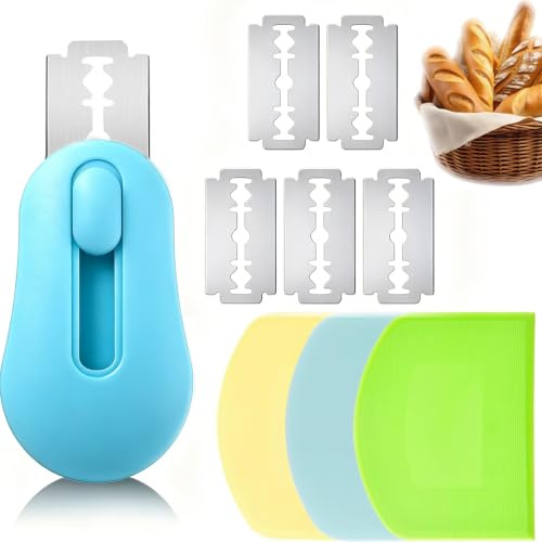 9PCS Bread Making Accessories, Bread Lame Dough Scoring Tool, Dough Scraper | 1 Blue Bread Scorer, Push-Pull Extension, Directly Adsorb Refrigerator, 5 Blades，3 Bench Scraper, Curved Edge, Three Colors