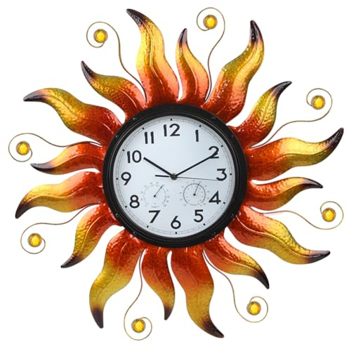 HOBYLUBY Große Außenuhr mit Thermometer und Luftfeuchtigkeit | Silent Non-ticking Sun Outdoor Wanduhr für Terrasse, Garten, Küche, Wohnzimmer, Gelb
