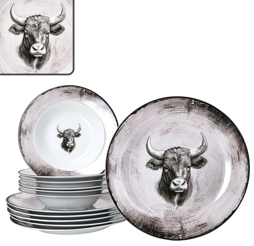 MamboCat Toro 12tlg Tafelservice I weiß-rosa Porzellan Geschirr mit Kuh Motiv für 6 Personen I 6x Suppenteller 200ml & 6x Speiseteller für Frühstück, Mittag & Abendbrot