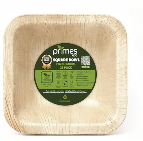 PRIMES ECO Square Disposable Palm Leaf Bowls -Eco Friendly Biodegradable & Compostable Areca Leaf Tableware for Hot & Cold Food, Soup, Salad, Dessert, Parties & Catering (25, 7 Inch)