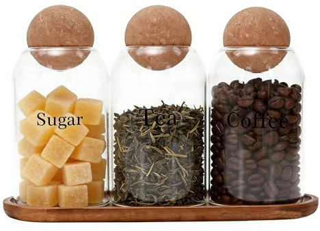 Hynorian Set di 3 barattoli da caffè da 500 ml, contiene contenitori per caffè, tè e zuccheriera, contenitore in vetro per chicchi di caffè con coperchio in sughero e vassoio in legno, per caffè, tè
