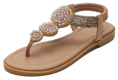 Sandalias Abalorios Tira T Mujer Tong Planas Tobillera Elástica Detalle Pedrería Cómodas Ligeras Boho Verano,Almond,39 EU