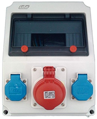 IP67 Steckdosen Wandverteiler 9TE Gehäuse mit vorverdrahteten Steckdosen 2x 230V Schuko blau + 1x 16A 400V CEE mit Kabeleinführung M32x1,5