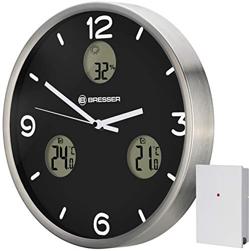BRESSER Orologio da Parete radio controllato MyTime io NX con Termometro e Igrometro - Diametro 30 cm nero