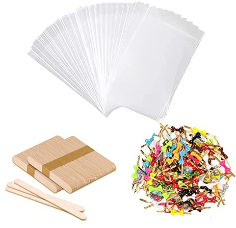 100 Piezas Bolsas de Paletas Transparentes/Palito de Helado de Madera/Lazos de Torcedura, Bolsas de Almacenamiento de Helado Juego de Helado de Bricolaje Casero Hecho a Mano