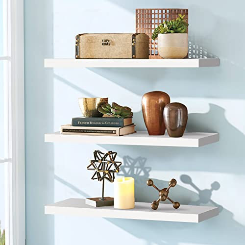 White Floating Shelves for Wall, Wall Shelf Set of 3, Modern Shelves for Wall Storage with Invisible Brackets, Decor Display Shelf Unit Organizer for Bathroom, Living Room, Bedroom, Kitchen