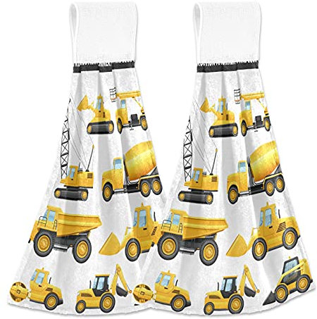 Construction Equipment Yellow Machinery with Truck Crane and Bulldozer 2 PCs Hanging Kitchen Hand Towel, Dish Dishcloth Towels with Hanging Loop, Absorbent Tea Bar Bath Tie Towel for Tabletop Kitchen