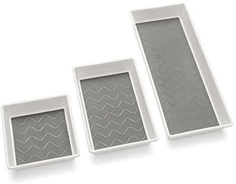 Taylor & Brown Set of 3 Premium Tidy Drawer Soft Base Storage Boxes Drawer Insert Organiser for Utensils, Cutlery, Makeup, Craft and Tools, White Grey