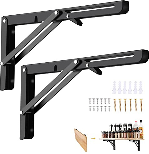 Viesap Équerre Pliante300mm, 2 Pièces Noir Support Console Pliants Pliable Rétractable, Pour étagères Charge Lourds, Pour Garage, Cuisine, Chambre.