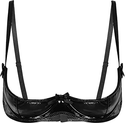 Zaldita Lingerie de Nuit Femme Soutien Gorge en Cuir Birllant Ouvert Bra Push Up Corp Top Brassière Sein Nu Erotique Nuisette Wetlook sous-Vêtement de Nuit Noir M