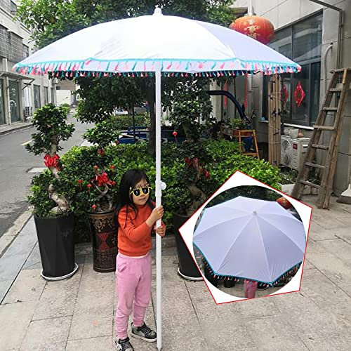 Ombrellone Bianco Ombrellone All'aperto Ombrello da Giardino Carino 1.6M Nappa Colorata,Leggero E Sottile Impermeabile Piccolo Ombrello Rotondo Combinazione Tavolo E Sedia Ombrello Portatile