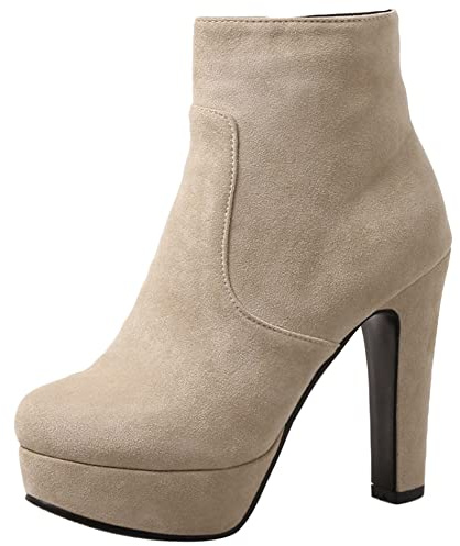 Lroey Reoly Stivaletti da Donna con Tacco a Blocco, Stivali da Vestito Tacco Alto Punta Rotonda Polacchine Plateau Zip 307 Beige Numero 39 EU