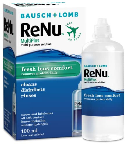 ReNu MultiPlus Multi-Purpose Travel Contact Lens Solution, 100ml Flight Pack, for Soft Contact Lenses, Moisturise, Remove Protein, Clean, Disinfect, Lubricate, Rinse and Store, Lens Case Included