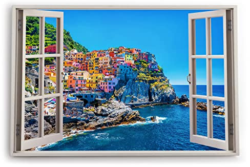 Paul Sinus Bilder Fensterblick 120x80cm Cinque Terre italienischen Riviera Manarola Mittelmeer Küstendorf Kunstdruck Wanddeko Wand Wohnzimmer