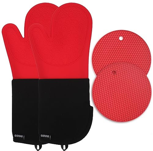 Extra lange Silikon-Ofenhandschuhe, hitzebeständig und Topflappen, rutschfester, strukturierter Griff mit gestepptem Baumwollfutter, perfekt zum Backen, Kochen, Grillen, 1 Paar 38,1 cm (15 Zoll), Rot