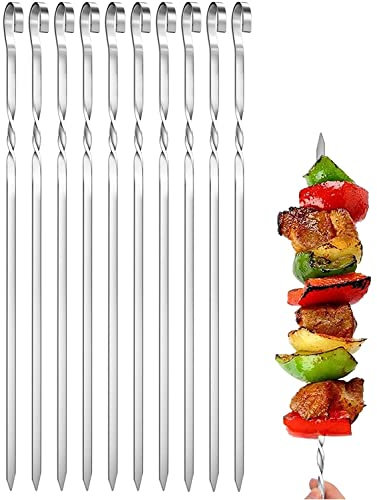 Kebab Skewers, 10PCS Stainless Steel BBQ Grilling Skewers Flat Reusable Metal Skewer Sticks forOven, Barbecue, Camping Cooking, Cocktail, Shish Kabob, Party Essentials - 30cm (B-01)