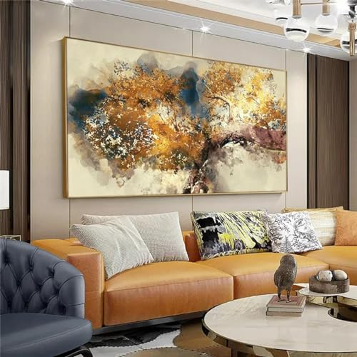 Quadro su tela astratto albero dorato paesaggio dipinto su tela moderno albero marrone con foglie gialle decorazione murale senza cornice stampa immagine 100x200 cm/39x79 pollici senza cornice