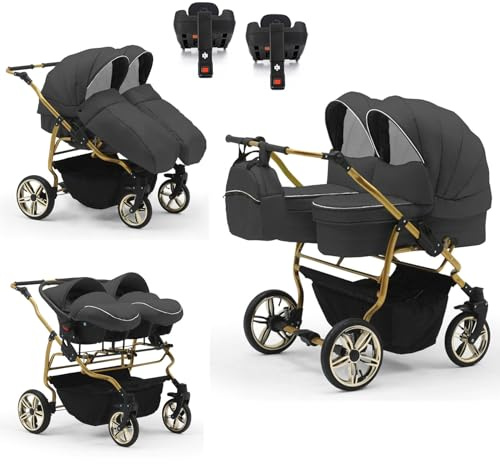 Zwillingskinderwagen 5 in 1 Duet Lux Goldedition inkl. Autositze und Iso Bases - 14 Teile - in 20 Farben