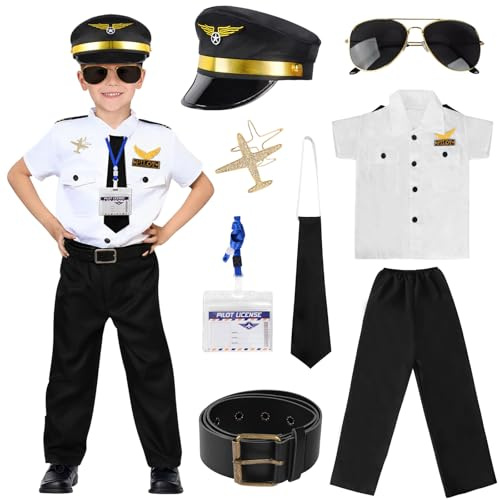 VICTERR Costume Pilota Bambino, Capitano Pilot Costume Bambini,con Aviatore,Cappello,Occhiali,Licenza di Pilota,Costumes Capitano per Bambino Bambini Halloween Carnevale Cosplay