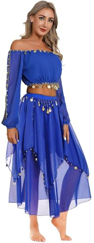 Sywiyi Damen Bauchtanz Kostüm Set Pailletten Langarm Crop Top mit Bauchtanz Rock Midi Lang Sexy Orientalische Belly Dance Kostüm