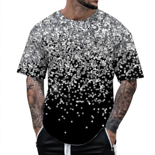 Celucke Pailletten Herren T-Shirt Gold und Silber - Paillettendruck Club Party Kurzarm Schwarz - Rundhalsausschnitt Grafik-Shirt