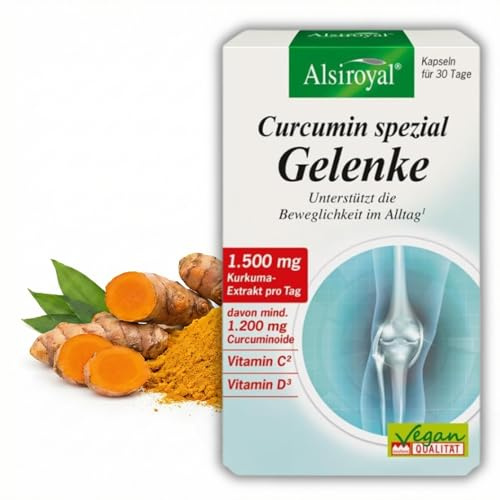 Alsiroyal Curcumin spezial Gelenke 90 Stk. – Hochdosierter Kurkuma-Extrakt, Vitamin C für Kollagenbildung, pflanzliches Vitamin D3 - für gesunde Knorpel & Knochen – Einfache Anwendung