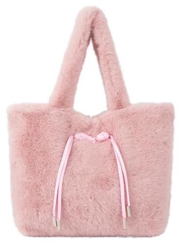 MEGAUK Damen Plüsch Umhängetasche Große Kapazität Cartoon Bär Stickerei Shopper Schultertasche Tote Bag für Uni Arbeit Mädchen Schule