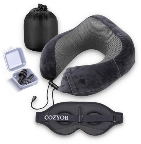 Kit de voyage 3 pièces : bouchons d'oreilles + masque de sommeil + coussin de nuque, doux et compact, coussin cervical réglable en mousse à mémoire de forme, masque pour les yeux 100% foncé pour