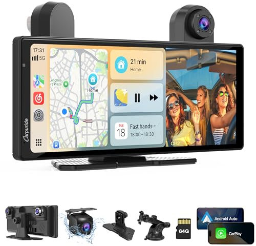 Carpuride W903S Cam embarquée Sans Fil Portable CarPlay Android Auto avec écran IPS HD, Cam Front 4K, Cam Arrière 1080p et Cam Infrarouge 1080p, Enregistrement en Boucle, Bluetooth, GPS, Siri, Musique